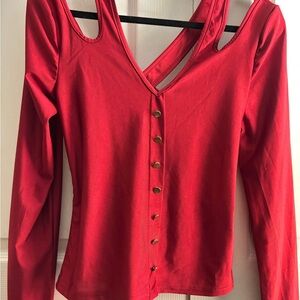 SHEIN Red Long Sleeve V-Neck Button Front Top